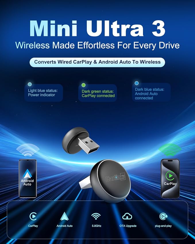 CarlinKit MINI Ultra 3 Wireless Adapter - Converts wired CarPlay/Android Auto to wireless