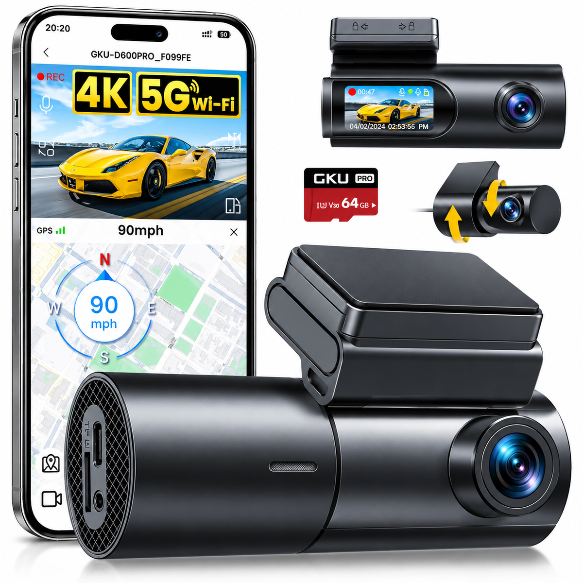 GKU 4K Dash Cam Front and Rear, 5GHz WiFi GPS, 64GB SD Card Included