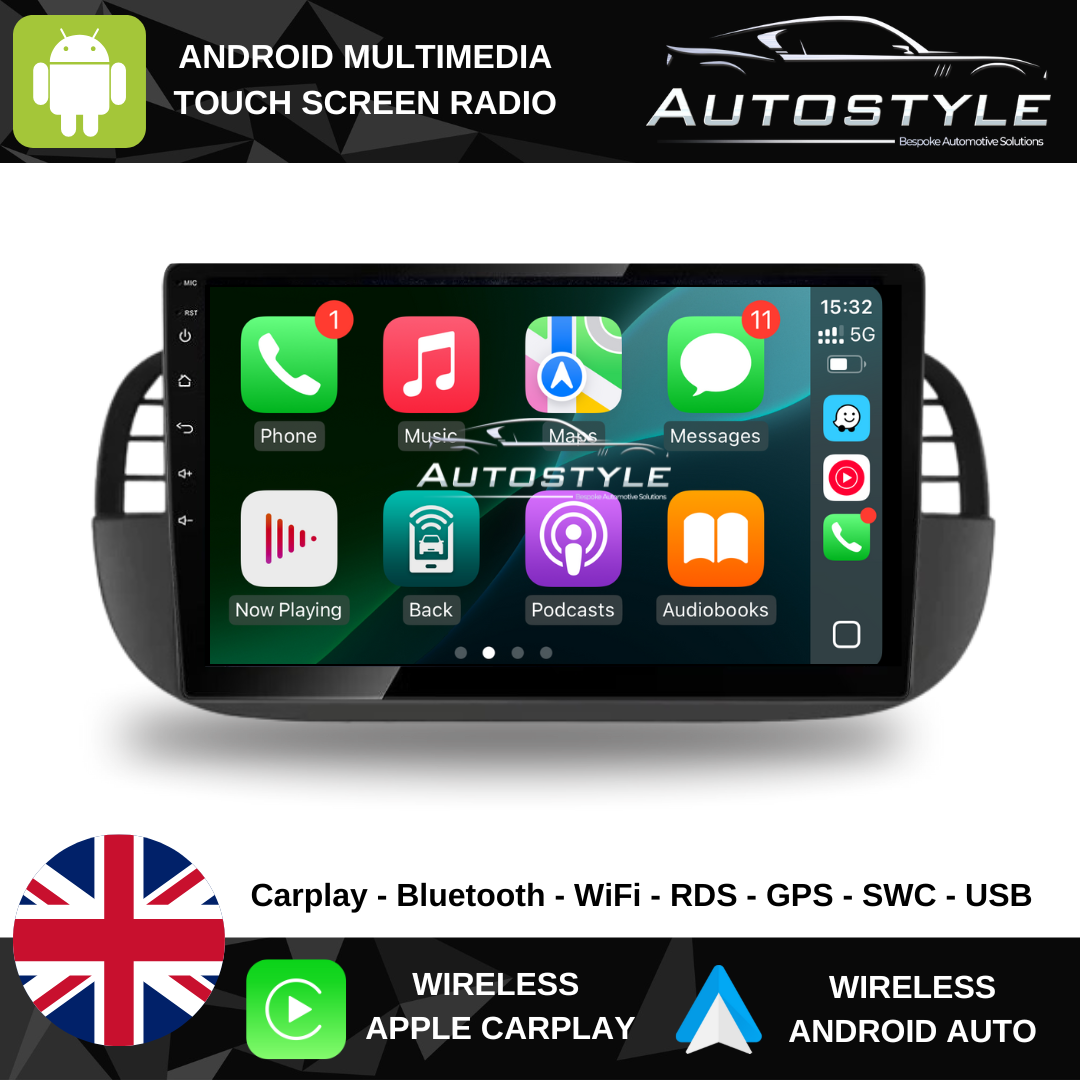 Fiat 500 Apple Carplay / Android Auto 9" Stereo Upgrade 2010-15
