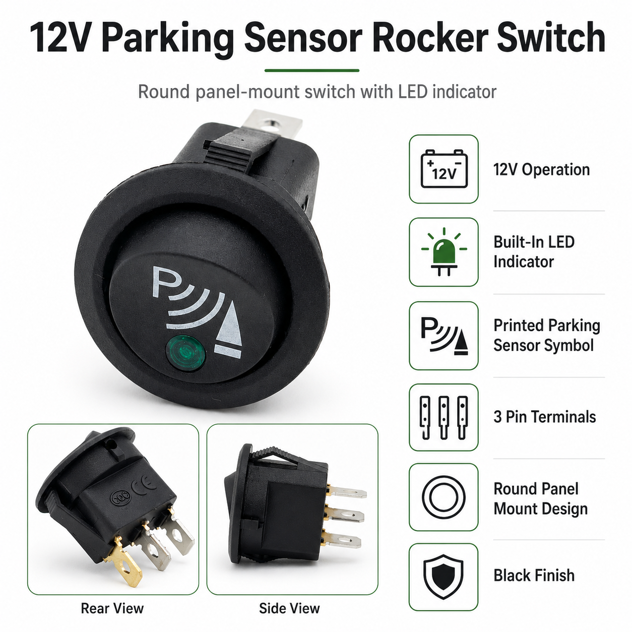 12V Parking Sensor Rocker Switch with Green LED Indicator – Round Panel Mount
