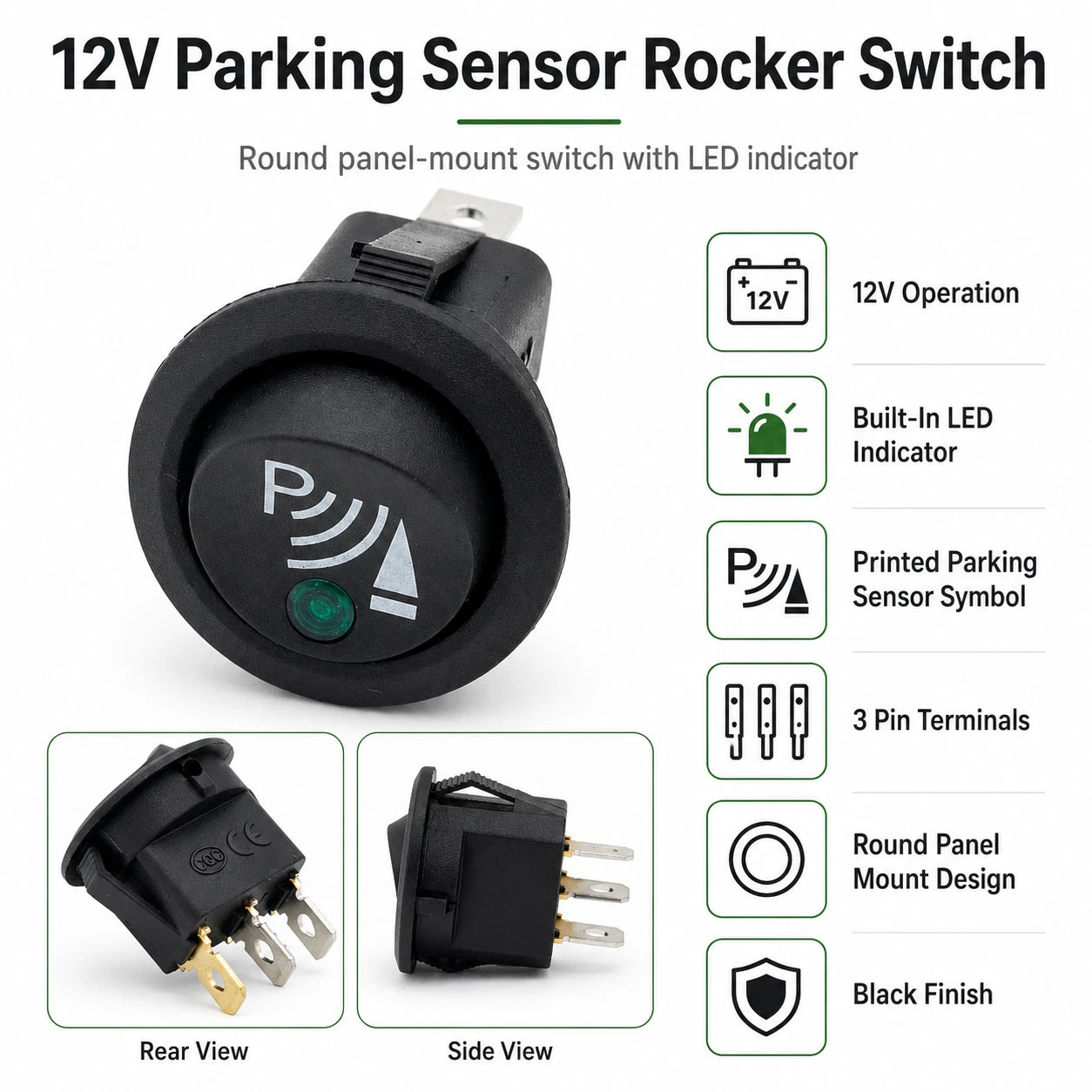 12V Parking Sensor Rocker Switch with Green LED Indicator – Round Panel Mount