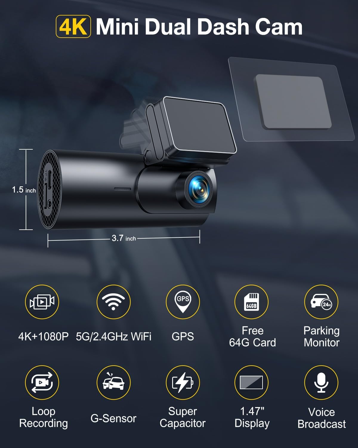 GKU 4K Dash Cam Front and Rear,1.5” IPS Mini Dashcam for Cars with 64GB SD Card, 24H Parking Mode, Night Vision, WDR, 170° Wide Angle