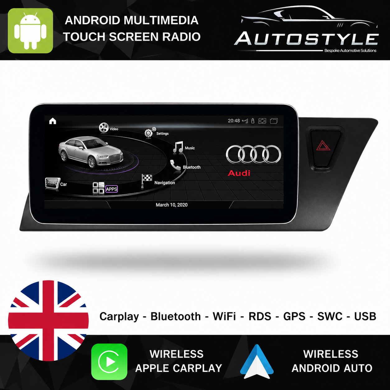 Audi A4 (2008-2016) B8 Apple CarPlay Android Auto 10.25" Touch Screen RHD