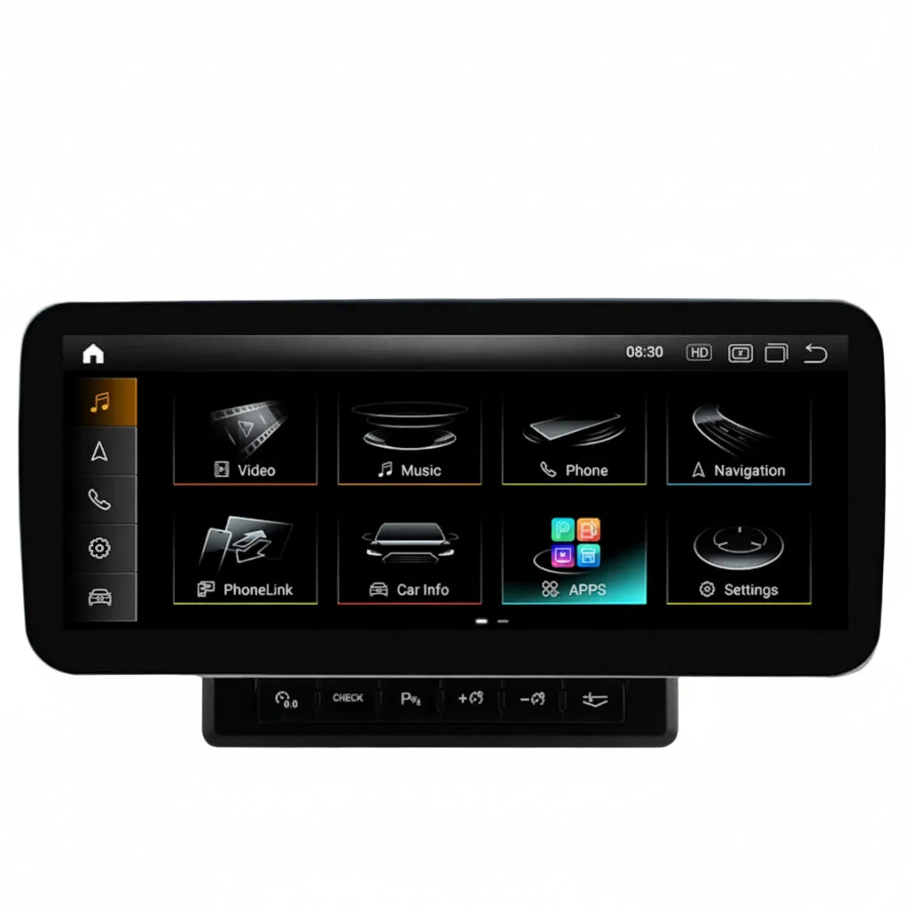 A 10.25-inch car stereo touchscreen display with a black bezel and a lower control panel, Audi A6