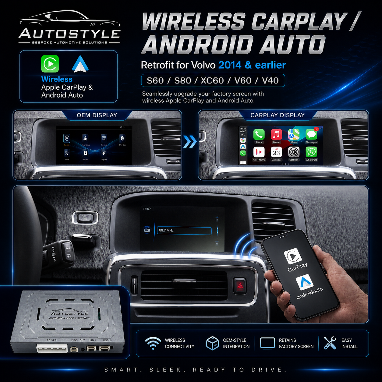 Wireless Apple CarPlay/Android Auto for Volvo S60 S80 XC60 V60 V40