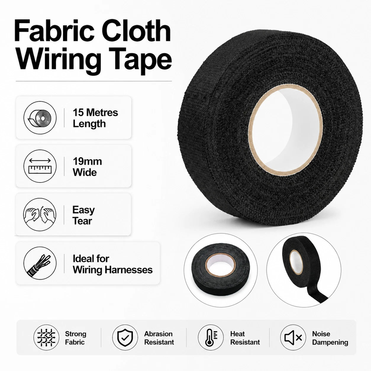 Cloth Fabric Wiring Tape – 15m x 19mm (Pack of 10)