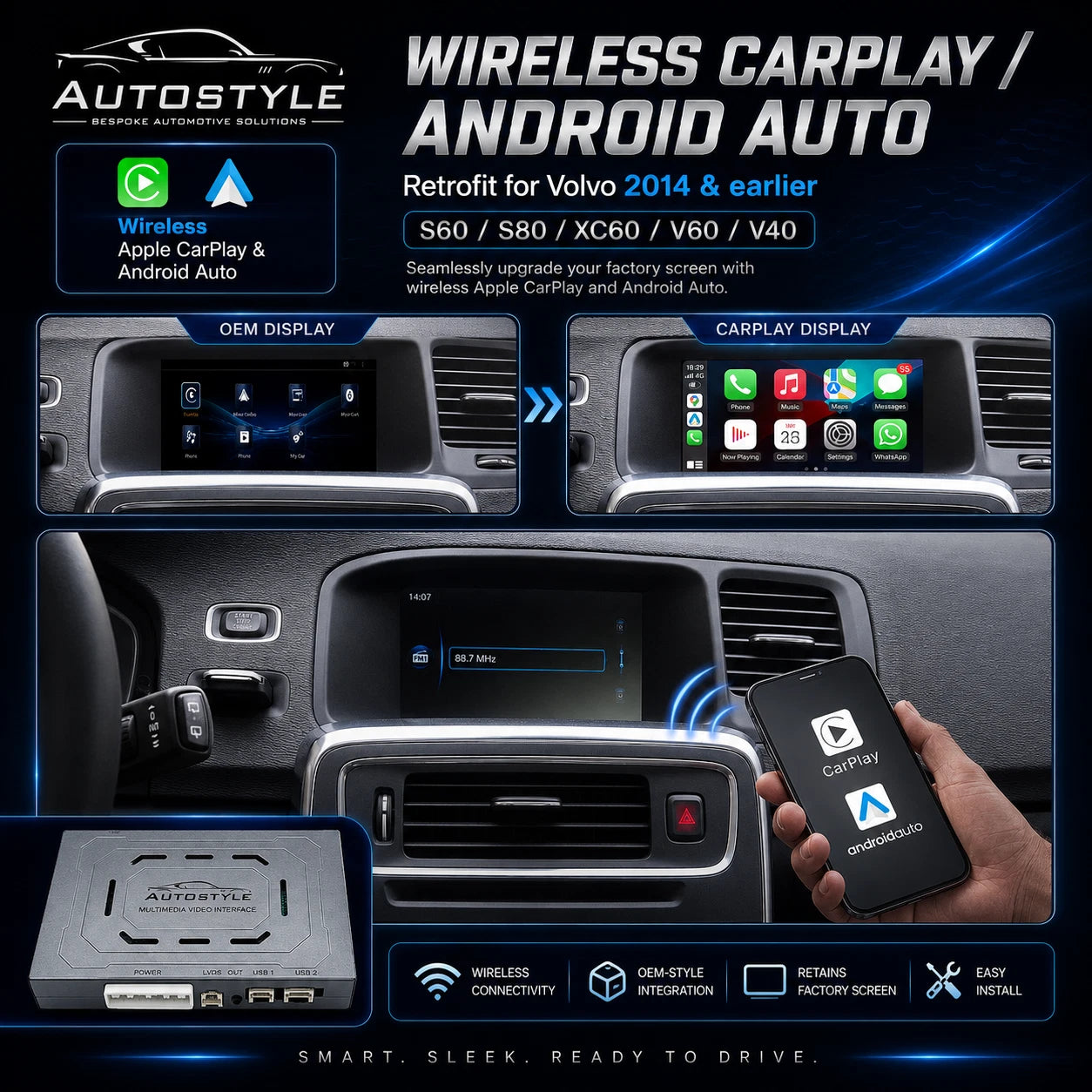 Wireless Apple CarPlay/Android Auto for Volvo S60 S80 XC60 V60 V40
