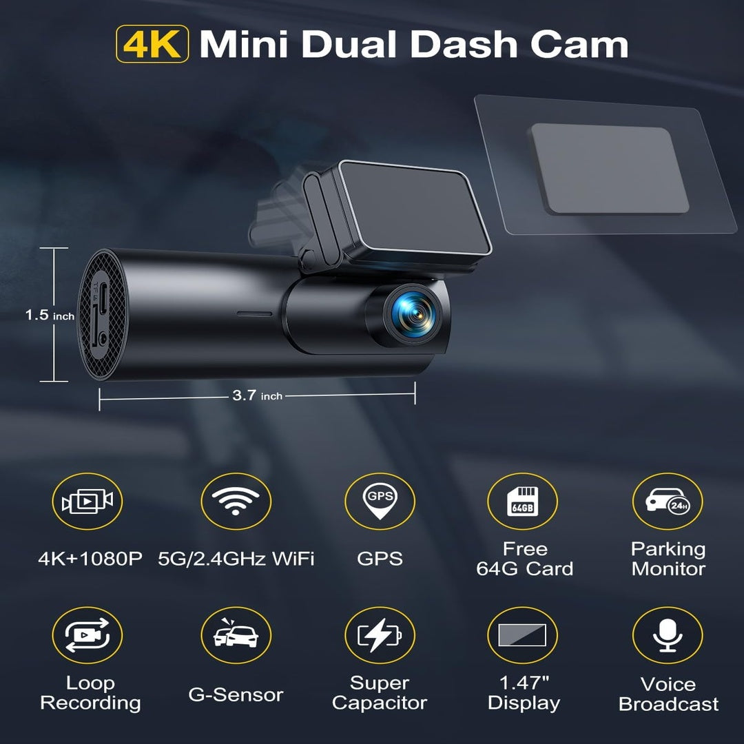 GKU 4K Dash Cam Front and Rear, 5GHz WiFi GPS, 64GB SD Card Included